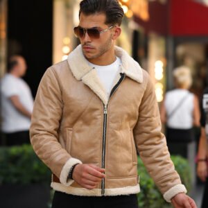 Light Brown Shearling Bomber Leather Jacket for Men